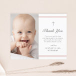 Modern Elegance Girls Baptism Thank You Postcard<br><div class="desc">Modern Elegance Girls Baptism Thank You is a modern, clean postcard featuring soft pink stripes and a cross with photo on the front. The back is a mailable postcard. Grey customisable type allows you to change all of the information on the card to your liking. Perfect for a little girls...</div>