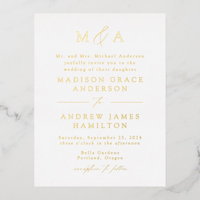 Modern Elegance Gold Monogram Wedding Foil Invitation Postcard (Front)