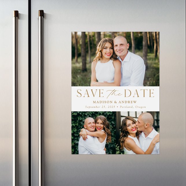 Modern Elegance Gold Three Photo Save the Date Magnetic Invitation (Creator Uploaded)