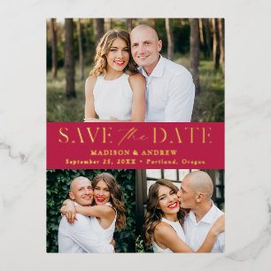 Modern Elegance Magenta 3 Photo Save the Date Foil Invitation Postcard