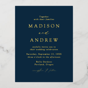 Modern Elegance Navy and Gold Wedding Foil Invitation Postcard