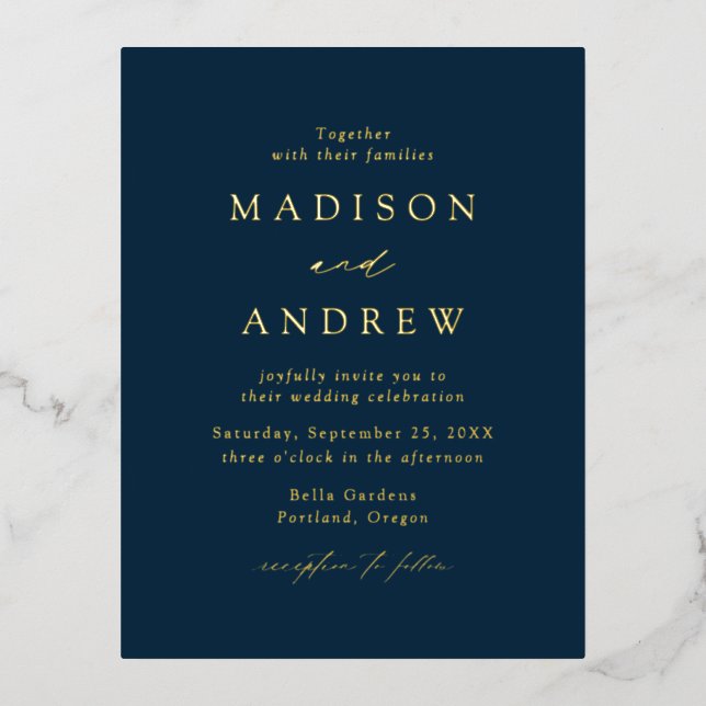 Modern Elegance Navy and Gold Wedding Foil Invitation Postcard (Front)