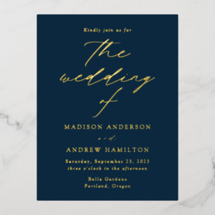 Modern Elegance Navy and Gold Wedding Foil Invitation Postcard