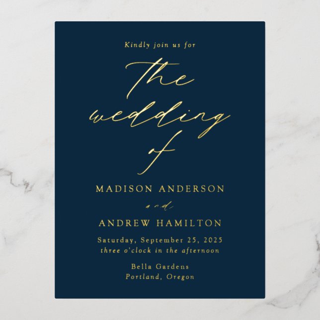Modern Elegance Navy and Gold Wedding Foil Invitation Postcard (Front)