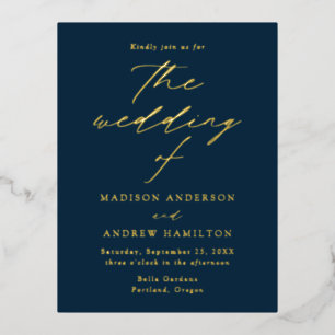 Modern Elegance Navy and Gold Wedding Foil Invitation Postcard