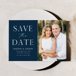 Modern Elegance Navy Photo Save The Date<br><div class="desc">Announce your wedding date with this stylish, modern photo save the date card. The design features "Save the Date" in white serif and script fonts with a navy background. Personalise the minimalist save the date announcement by adding your names, date, wedding location, and photo. The card reverses to a solid...</div>