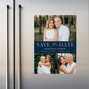 Modern Elegance Navy Three Photo Save the Date Magnetic Invitation