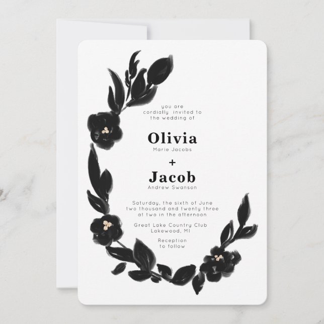 Modern Elegance Painted Floral Wreath Wedding Invitation (Front)