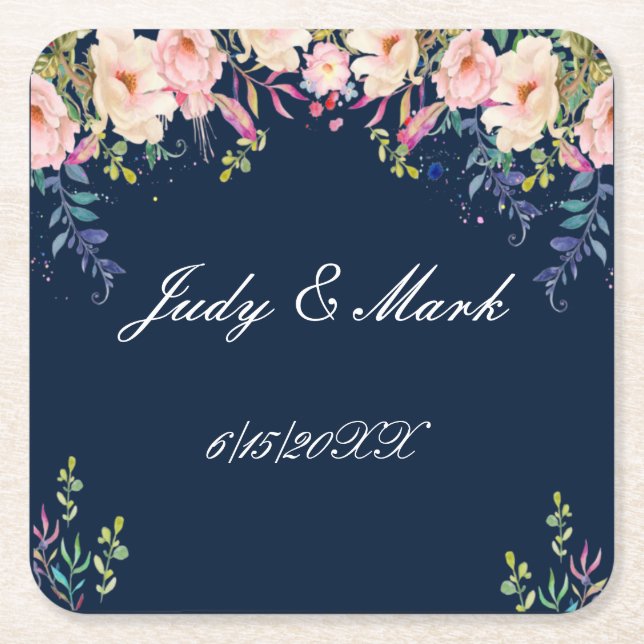 Modern Elegance Pink Floral Botanical Wedding Square Paper Coaster (Front)
