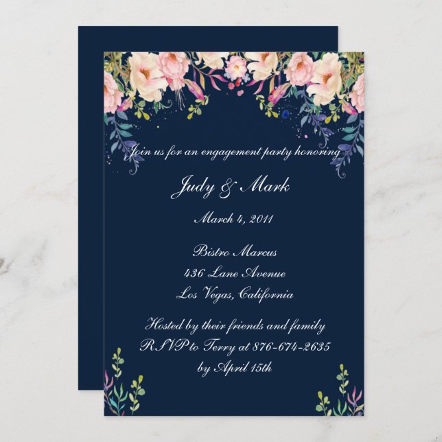 Modern Elegance Pink Floral Engagement Party Invitation (Front/Back)