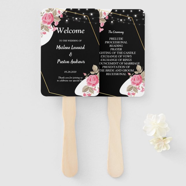 Modern Elegance Pink Floral string Wedding Program Hand Fan (Front and Back)