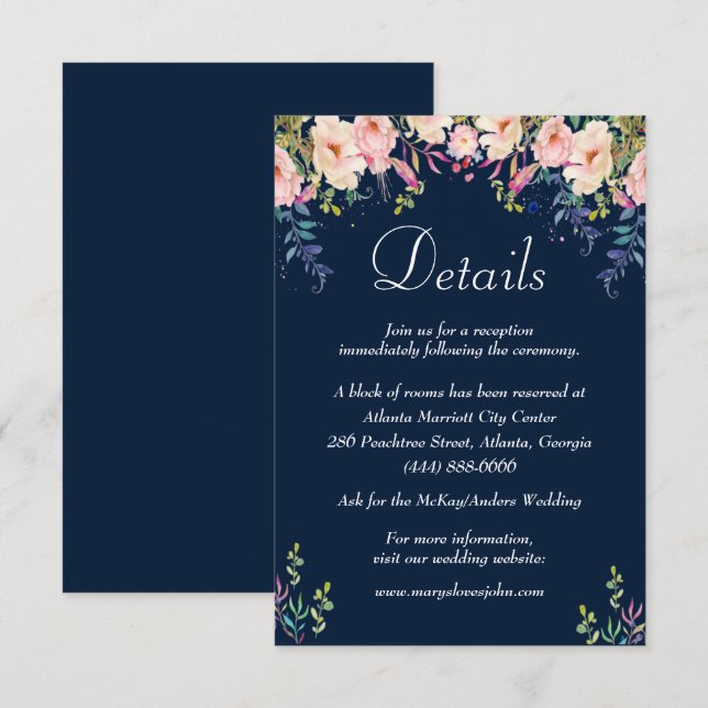 Modern Elegance Pink Floral Wedding Details Enclosure Card (Front/Back)