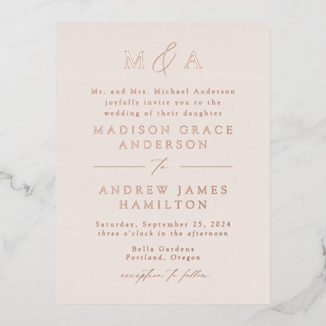 Modern Elegance Rose Gold Monogram Wedding Foil Invitation Postcard (Front)