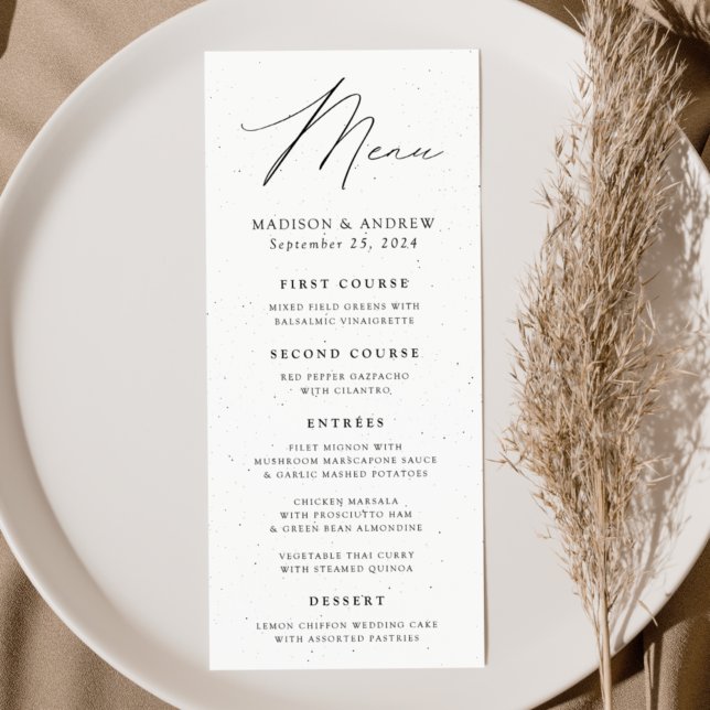 Modern Elegance Speckled White and Black Wedding Menu (Creator Uploaded)