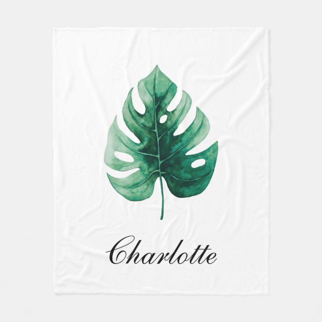 Modern Elegance Watercolor Green Monstera Fleece Blanket (Front)