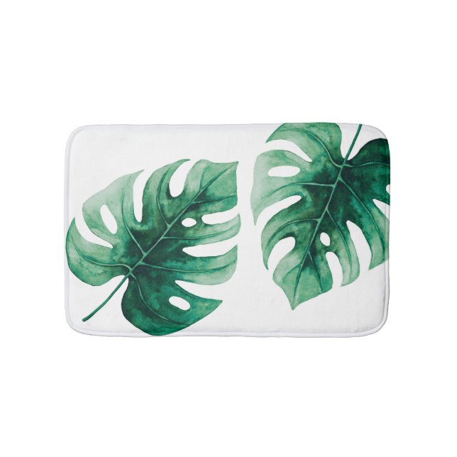 Modern Elegance Watercolor Green Monstera Leaves Bath Mat (Front)