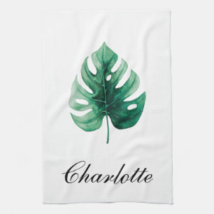 Modern Elegance Watercolor Monstera Green Leaf Tea Towel