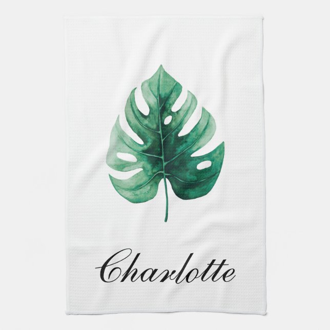 Modern Elegance Watercolor Monstera Green Leaf Tea Towel (Vertical)