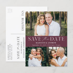 Modern Elegance Wine 3 Photo Save the Date Announcement Postcard