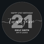 Modern Elegant 21st Birthday Classic Round Sticker<br><div class="desc">Modern elegant 21st Birthday Sticker. Minimalist 21st birthday design featuring elegant calligraphy hand lettered script font.</div>