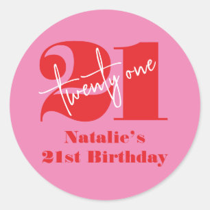 Modern Elegant 21st Birthday Pink Red Minimalist Classic Round Sticker