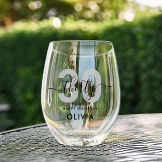 Modern Elegant 30th Birthday Stemless Wine Glass
