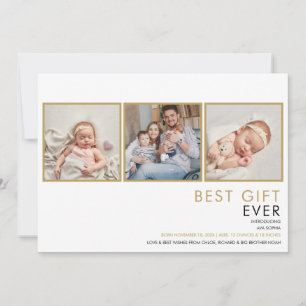 Modern Elegant 3 Photo Collage Gold Birth  Announcement