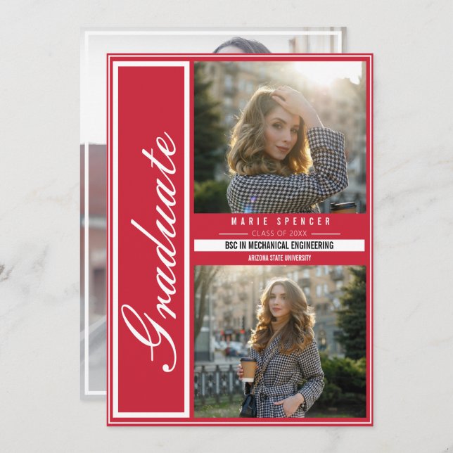Modern Elegant 3 Photo Collage Red Graduation Announcement (Front/Back)