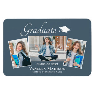 Modern   Elegant 3 Photo Grad Announcement Magnet