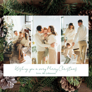 Modern Elegant 3 Photo Green Script Holiday Card