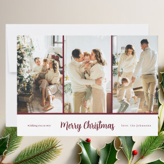 Modern Elegant 3 Photo Red Script Holiday Card
