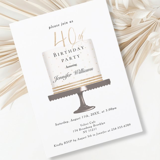 Modern, elegant 40. birthday invitation (Modern, elegant, luxury, white & gold, 40. birthday invitation with cake illustration.)