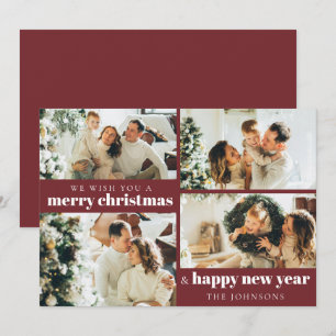 Modern Elegant 4 Photo Christmas Red Holiday Card