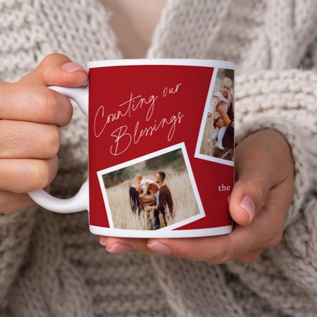 Modern Elegant 4 Photo Collage Family Gift Coffee Mug (A modern counting our blessings script 4 photo collage mug in red.)
