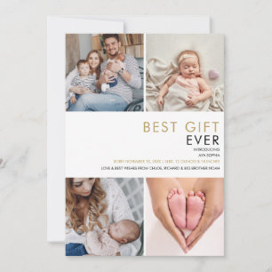 Modern Elegant 4 Photo Collage Gold Birth  Announcement