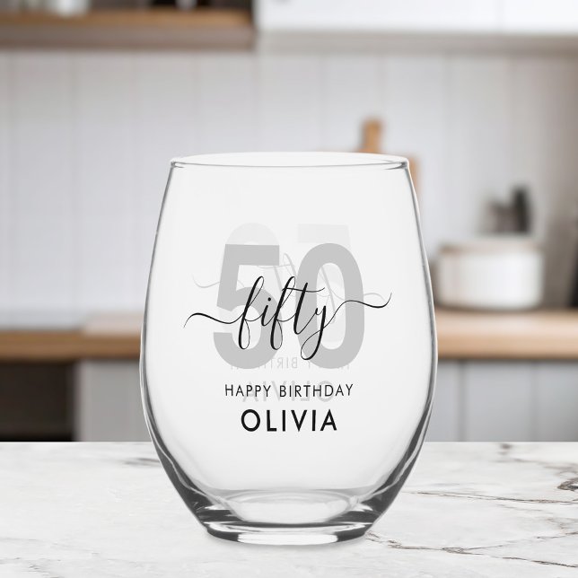 Modern Elegant 50th Birthday Stemless Wine Glass (Creator Uploaded)