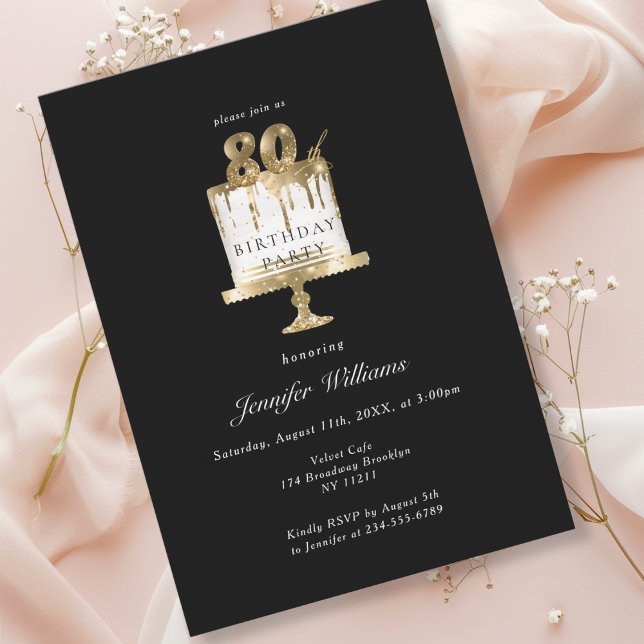 Modern, elegant 80. birthday black invitation (Modern, elegant, luxury, black & gold, 80. birthday invitation with cake illustration.)