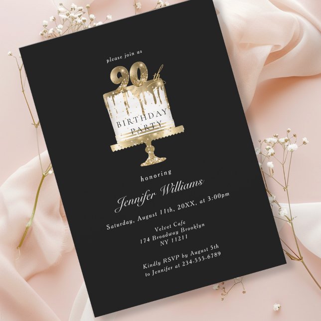 Modern, elegant 90. birthday black invitation (Modern, elegant, luxury, black & gold, 90. birthday invitation with cake illustration.)