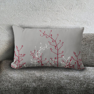 Modern Elegant Abstract Burgundy Flowers Grey Lumbar Cushion