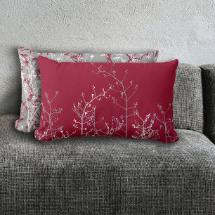 Modern Elegant Abstract Grey Flowers on Burgundy Lumbar Cushion