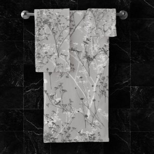Modern Elegant Abstract Grey White Wildflowers Bath Towel Set