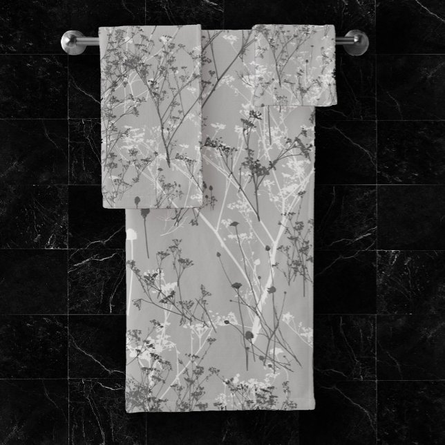 Modern Elegant Abstract Grey White Wildflowers  Bath Towel Set (Creator Uploaded)