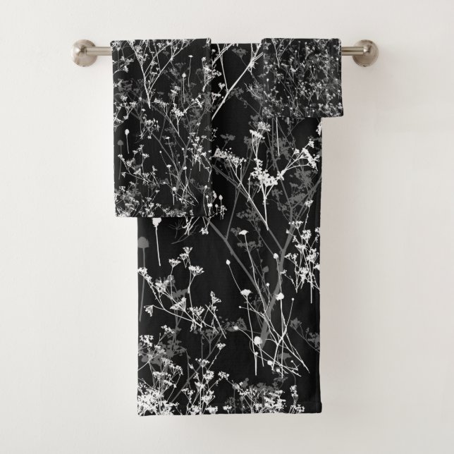 Modern Elegant Abstract Wildflowers Black White Bath Towel Set (Insitu)