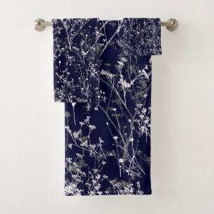 Modern Elegant Abstract Wildflowers Dark Navy Blue Bath Towel Set