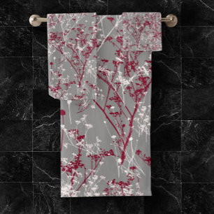 Modern Elegant Abstract Wildflowers Grey Burgundy Bath Towel Set