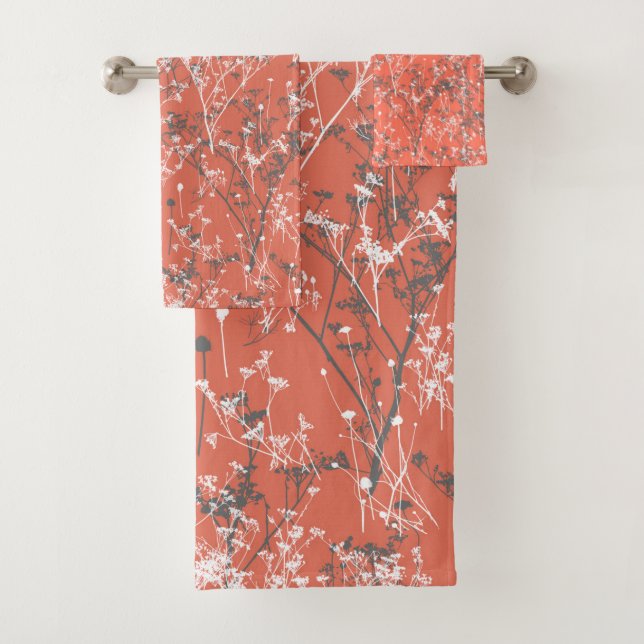Modern Elegant Abstract Wildflowers Terracotta Red Bath Towel Set (Insitu)