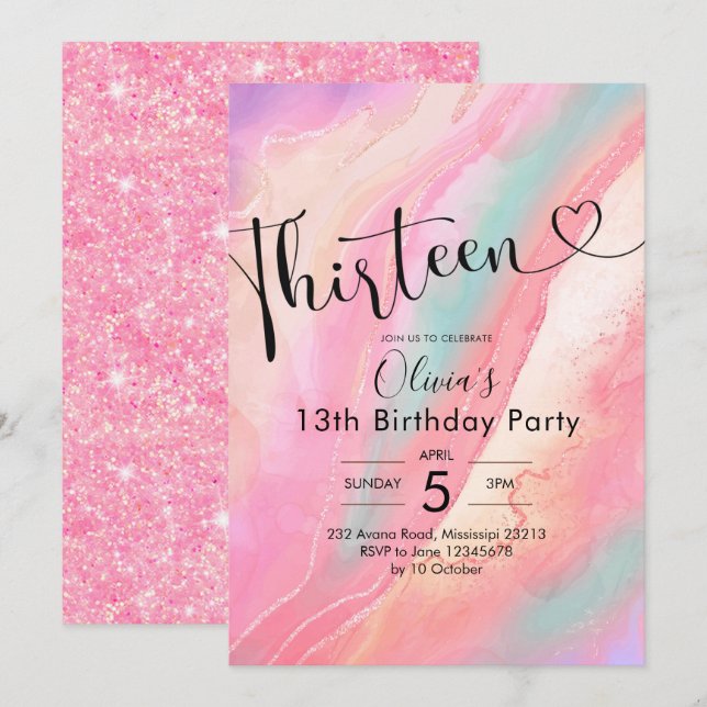 Modern Elegant Agate Thirteen Birthday Invitation (Front/Back)