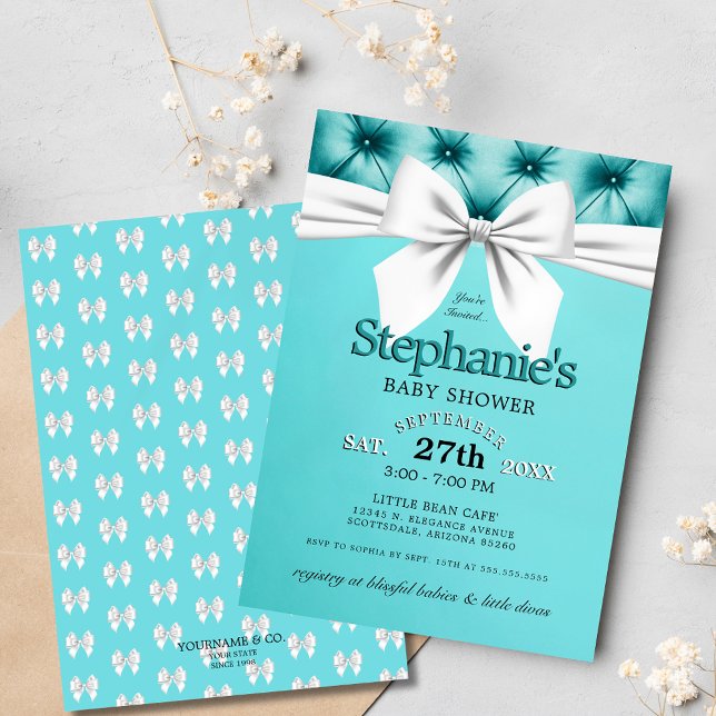 Modern Elegant Aqua Blue Tiffany Baby Shower Invitation (elegant teal blue tiffany theme baby shower invitation with chic white bow and tufted satin graphics)