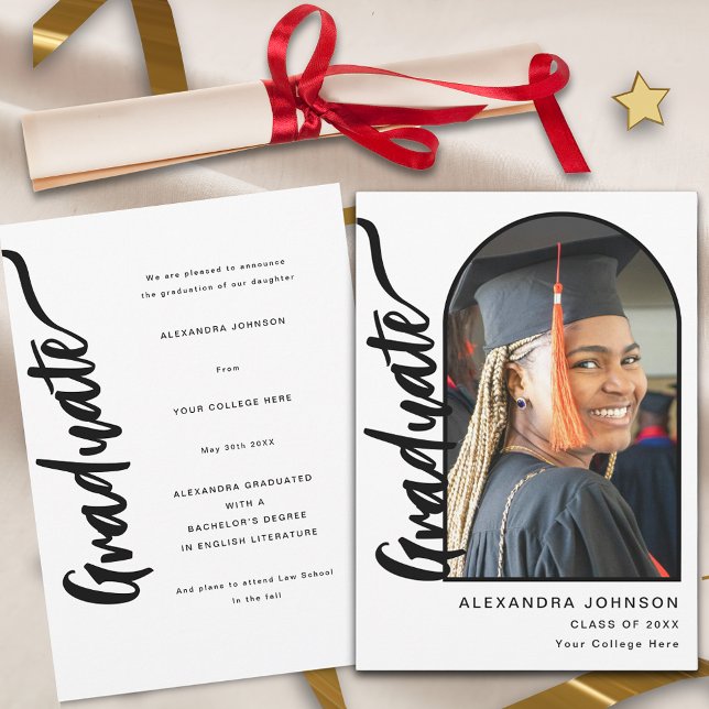 Modern Elegant Arch Photo Graduation  Announcement (Elegant modern script arch photo black and white Graduation announcement card)