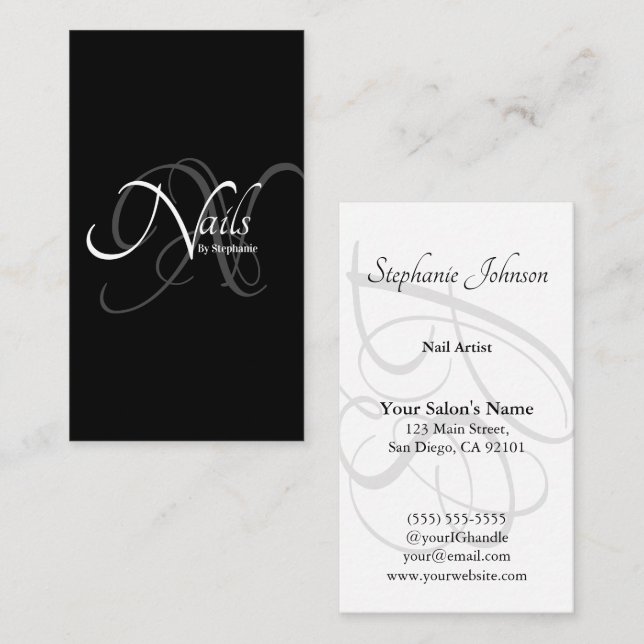 Modern Elegant B&W Monogram Typography Nail Artist Business Card (Front/Back)